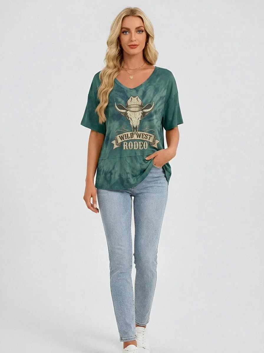 Women's Western Rodeo Cowboy Skull Tie-Dye Printed T-shirt