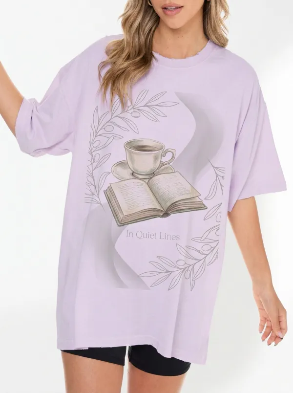 Women's Book Lover Coffee Cup Olive Branch Printed T-shirt