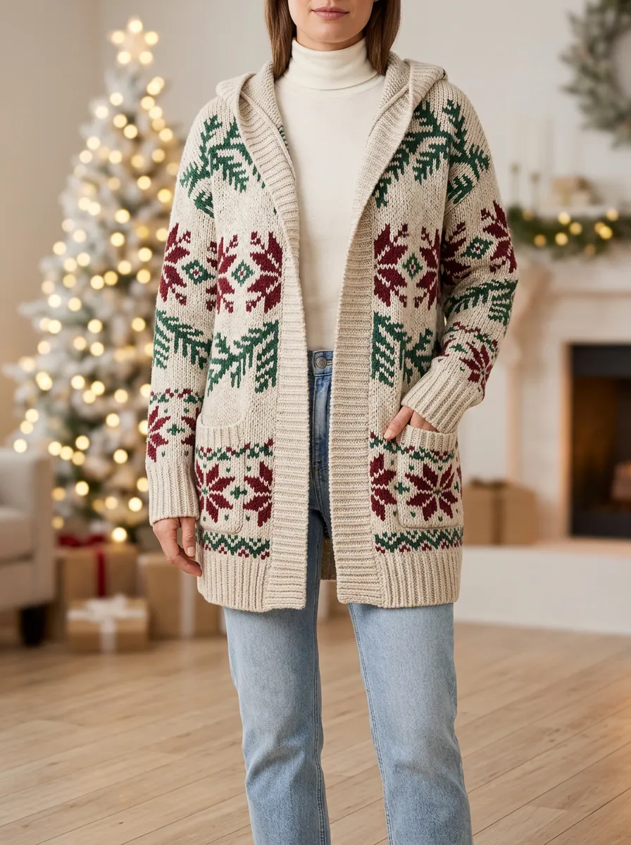 Christmas Snowflake Fair Isle Pattern Knit Hooded Cardigan
