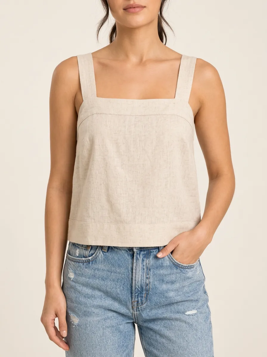 Women's Square Neck Wide Strap Straight Hem Linen Everyday Camisole Top