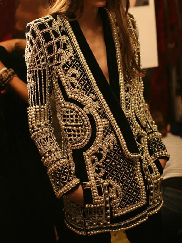 Long Sleeve Relaxed Beaded Printed V-Neck Neck Blazer