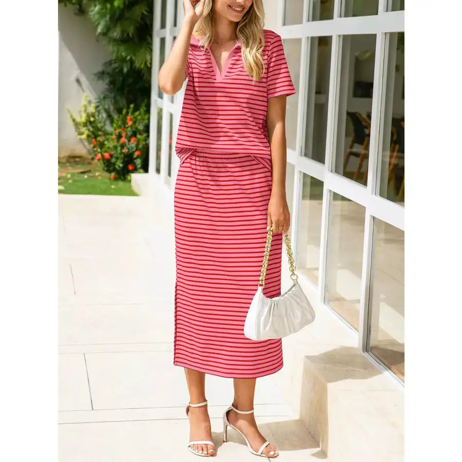 Modern Striped Polo Collar Top And Slit Skirt Two-Piece