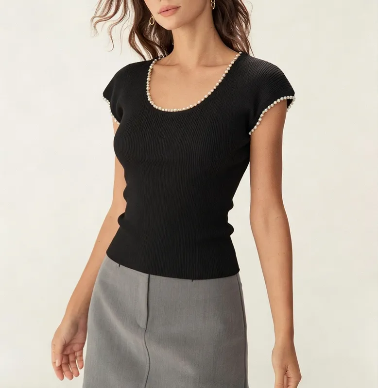 Black U Neck Pearl Tee