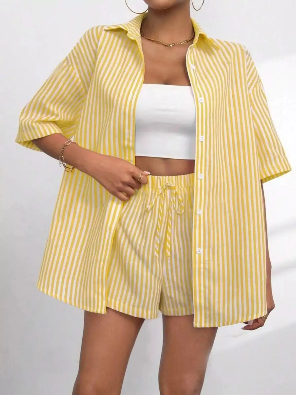 Refined Striped Shirt and Shorts Matching Set
