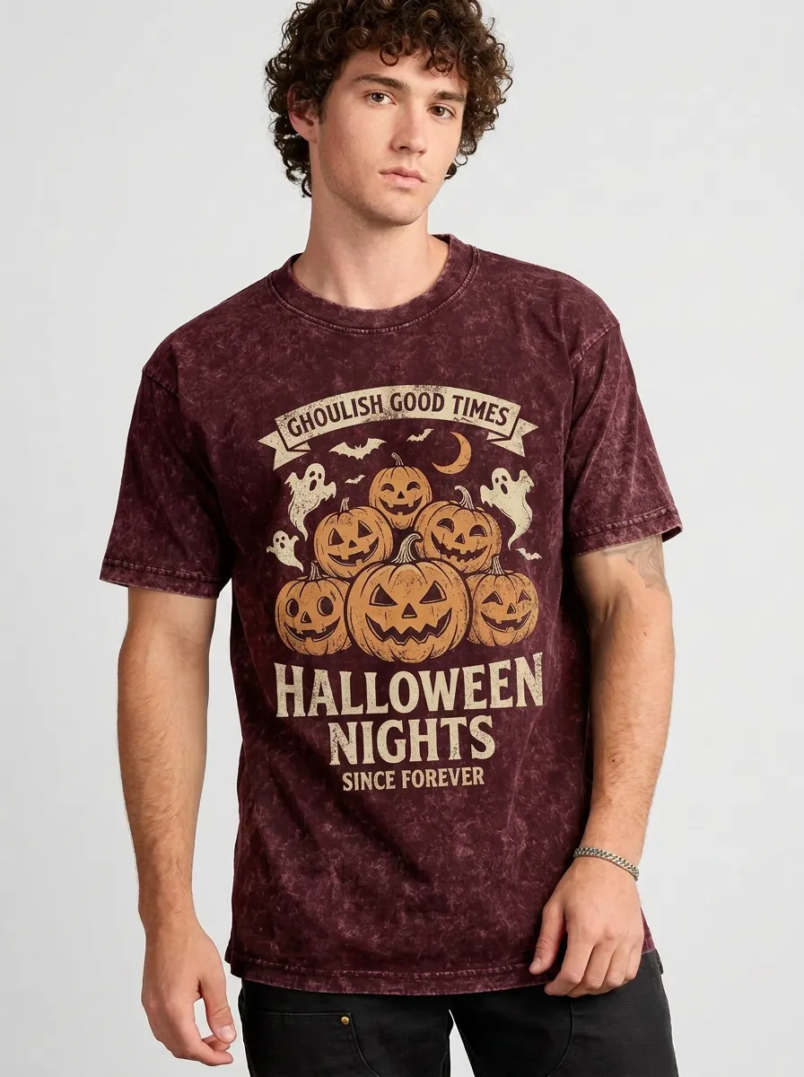 Men's Halloween Pumpkin Ghost Graphic Printed Acid Wash T-shirt