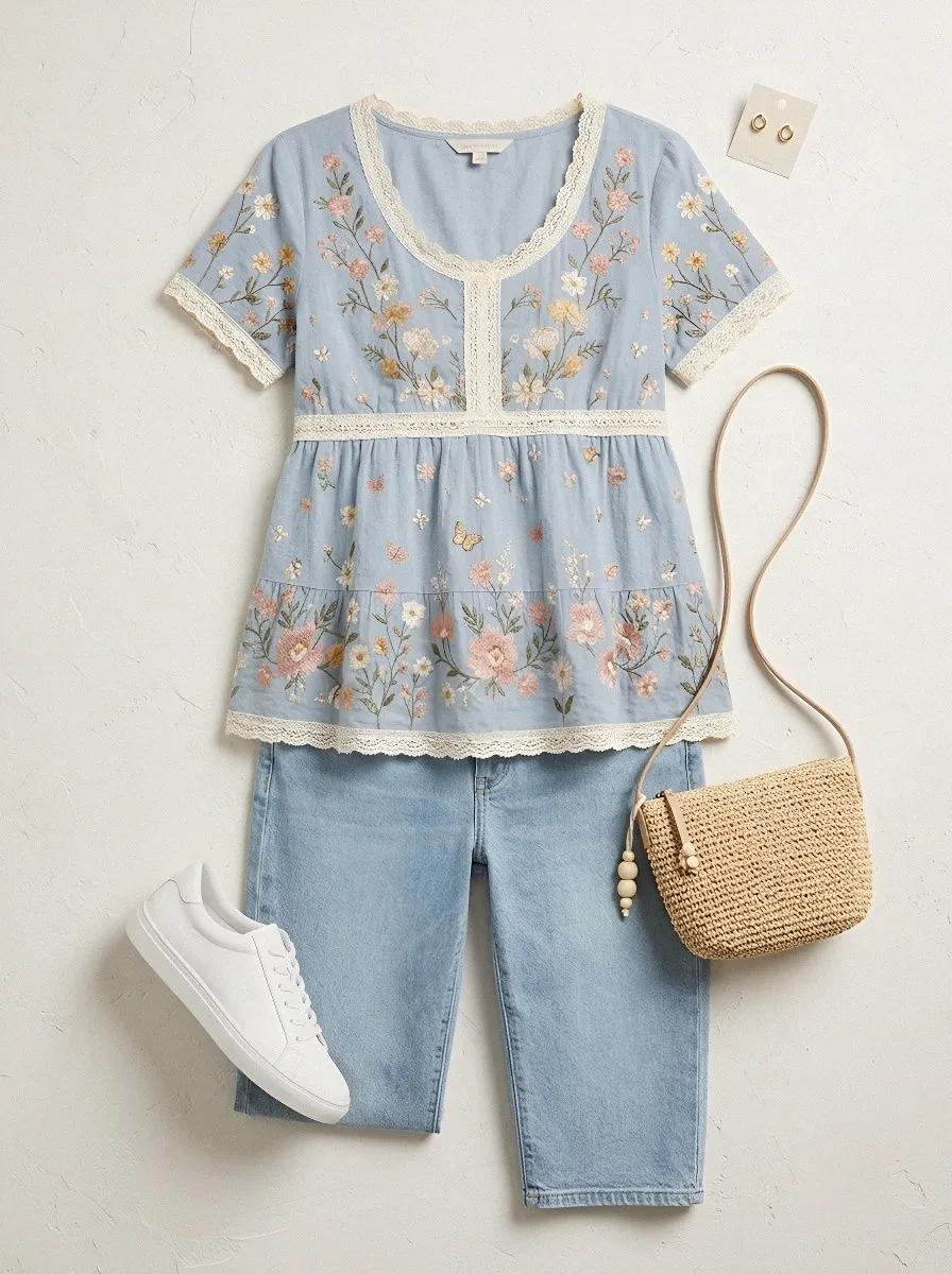 Women's Floral Butterfly Boho Embroidered Printed T-shirt