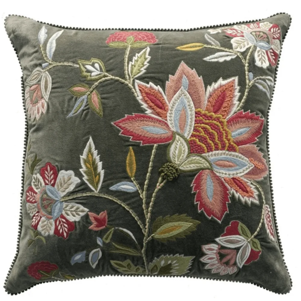 Artisan Detail Embroidered Floral Botanical Velvet Decorative Cushion Cover