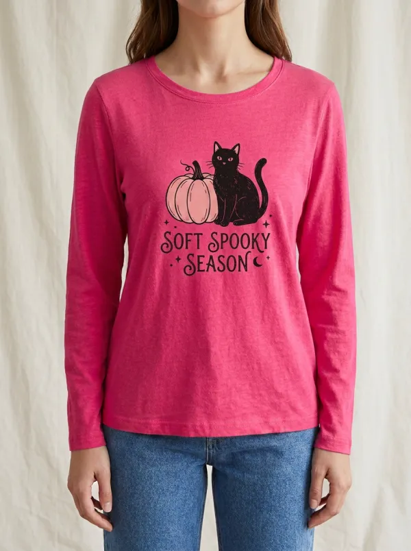 Pumpkin-Patch-Inspired Pumpkin Cat Halloween Cotton Linen Long Sleeve Top