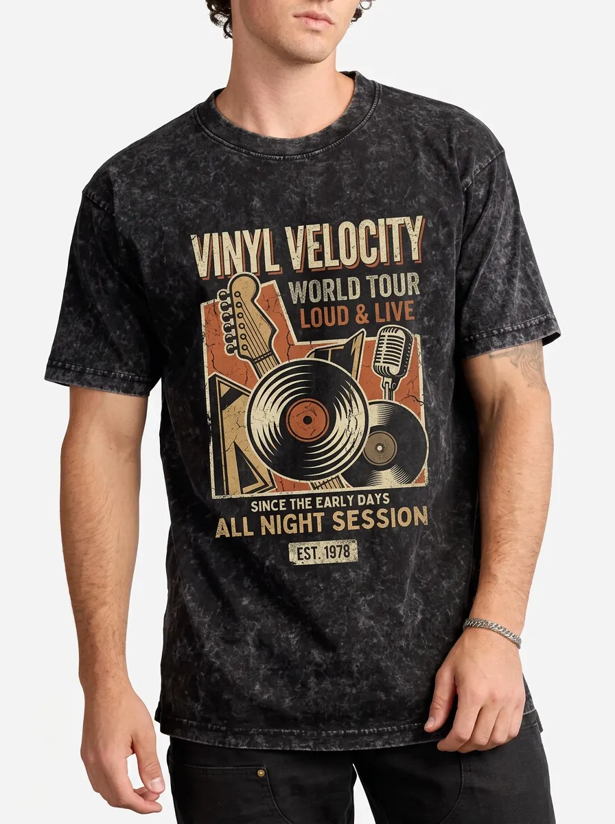 Men's Music Lover Vinyl Record Guitar Printed T-shirt