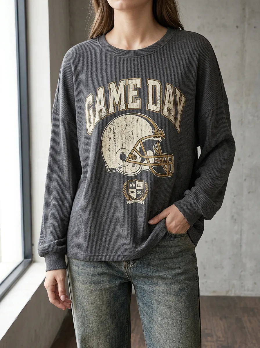 Women's Long Sleeve Football T-Shirt Featuring Helmet Graphic