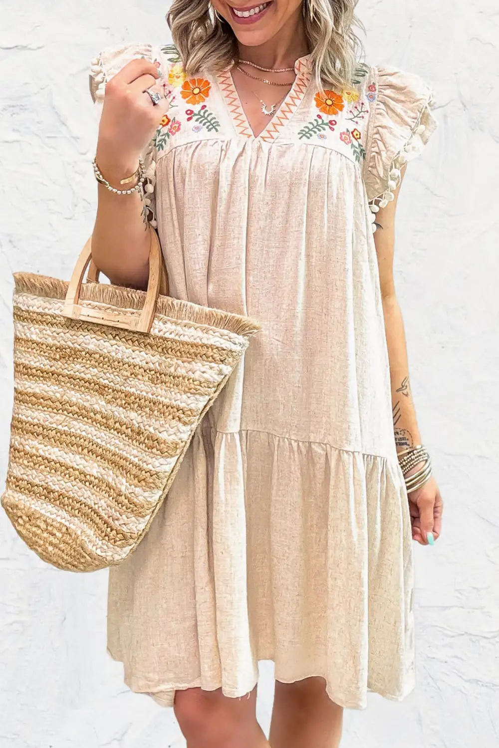 Embroidered Ruffle Trim Mini Dress