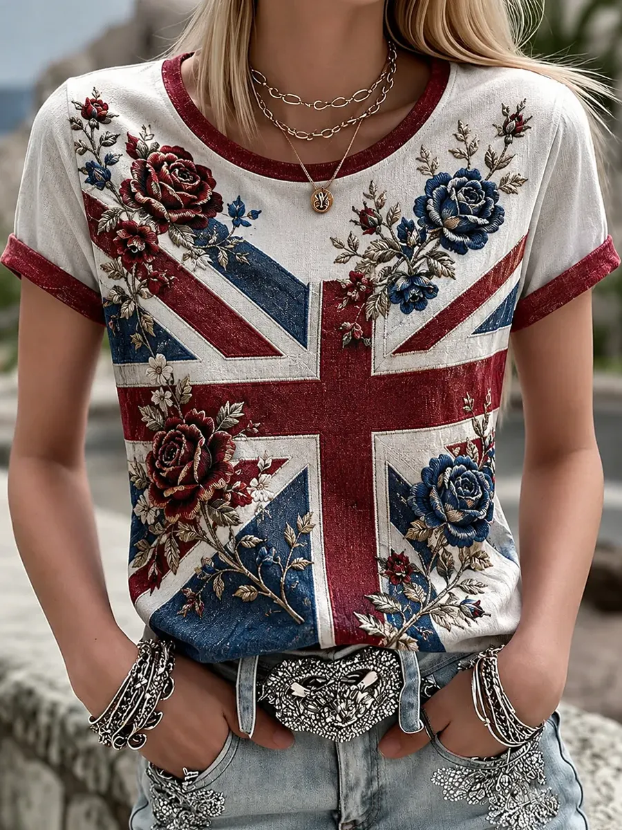 Women'S British Style Plants And Flowers Print Casual T-Shirt