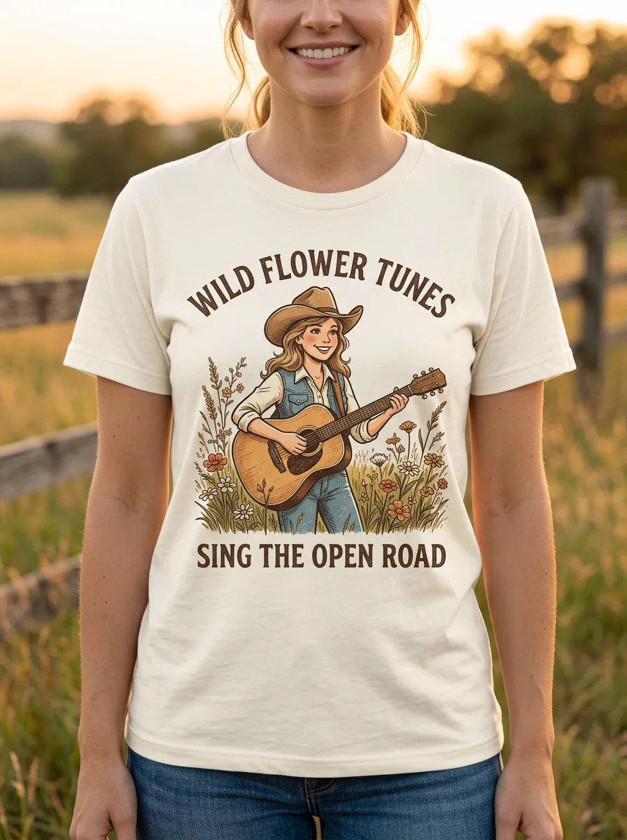 Nashville-Inspired Guitar Floral Country Music Crewneck T-Shirt