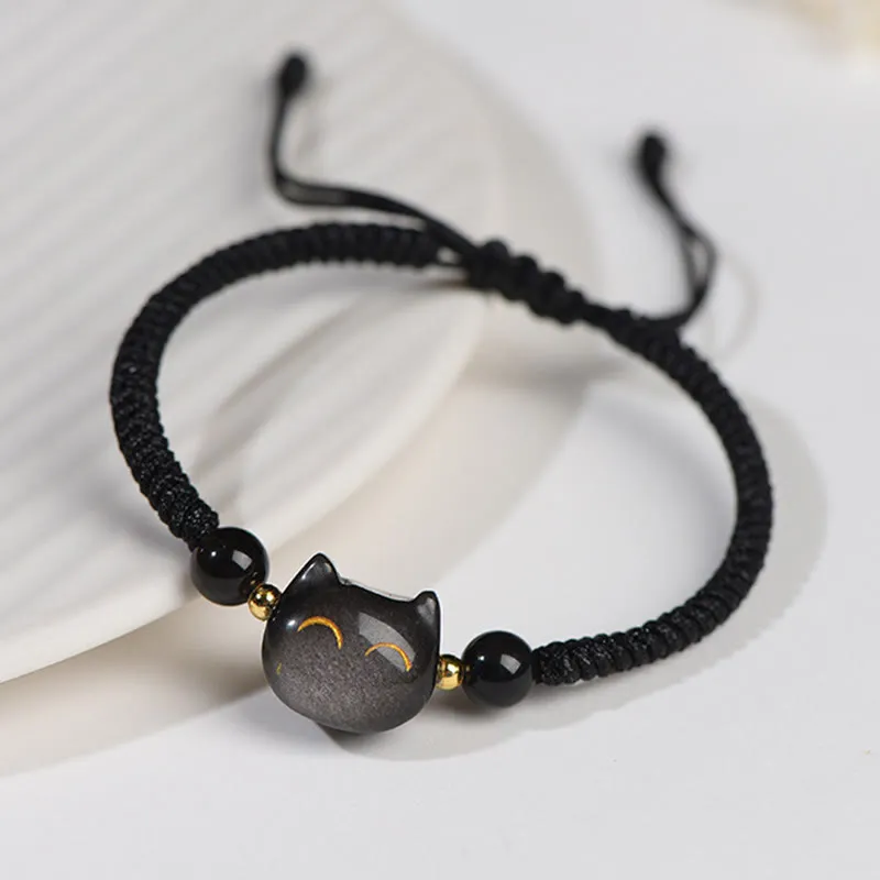 Handmade Natural Obsidian Strawberry Quartz Cute Cat Bracelet