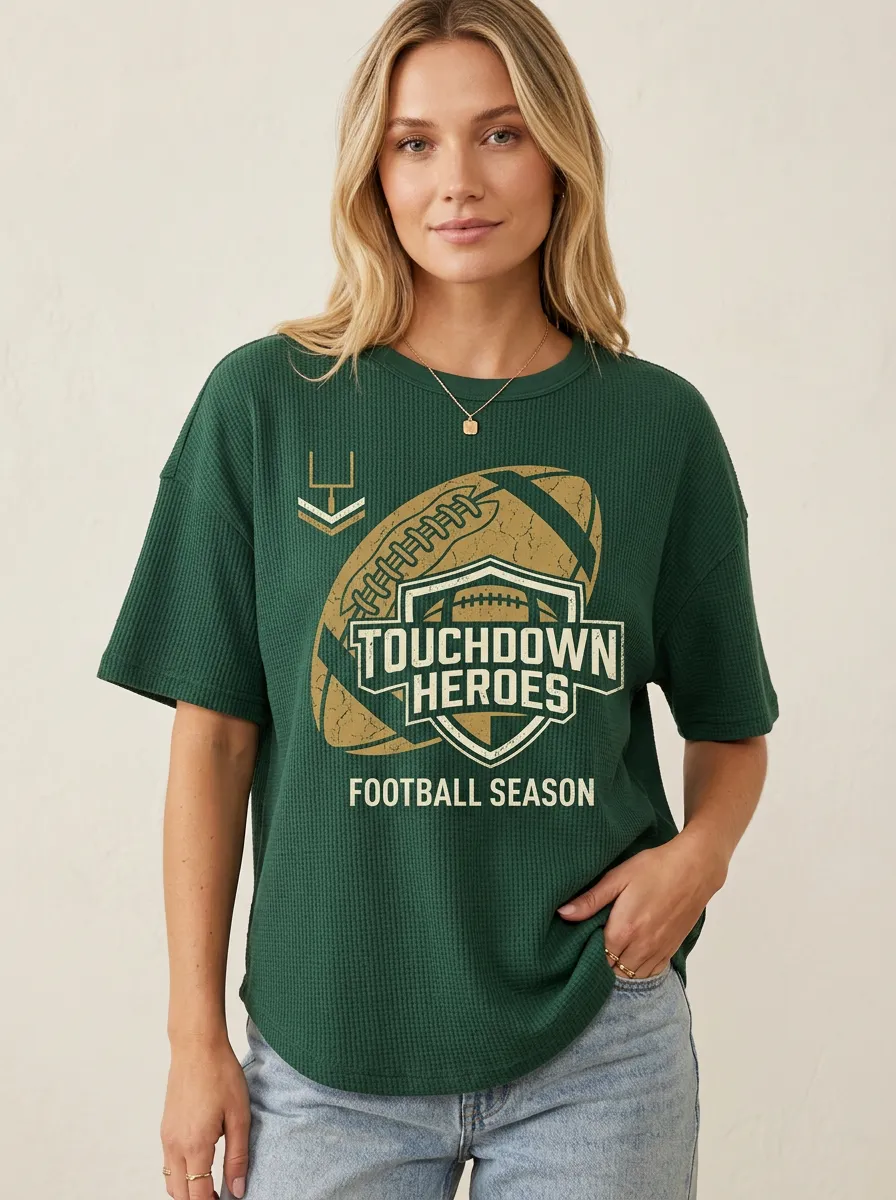Women's Football Fan Touchdown Heroes Graphic Printed Waffle T-Shirt