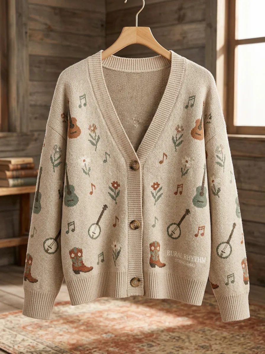Guitar Banjo Cowboy-Boot Women's Country Music Casual Cardigan
