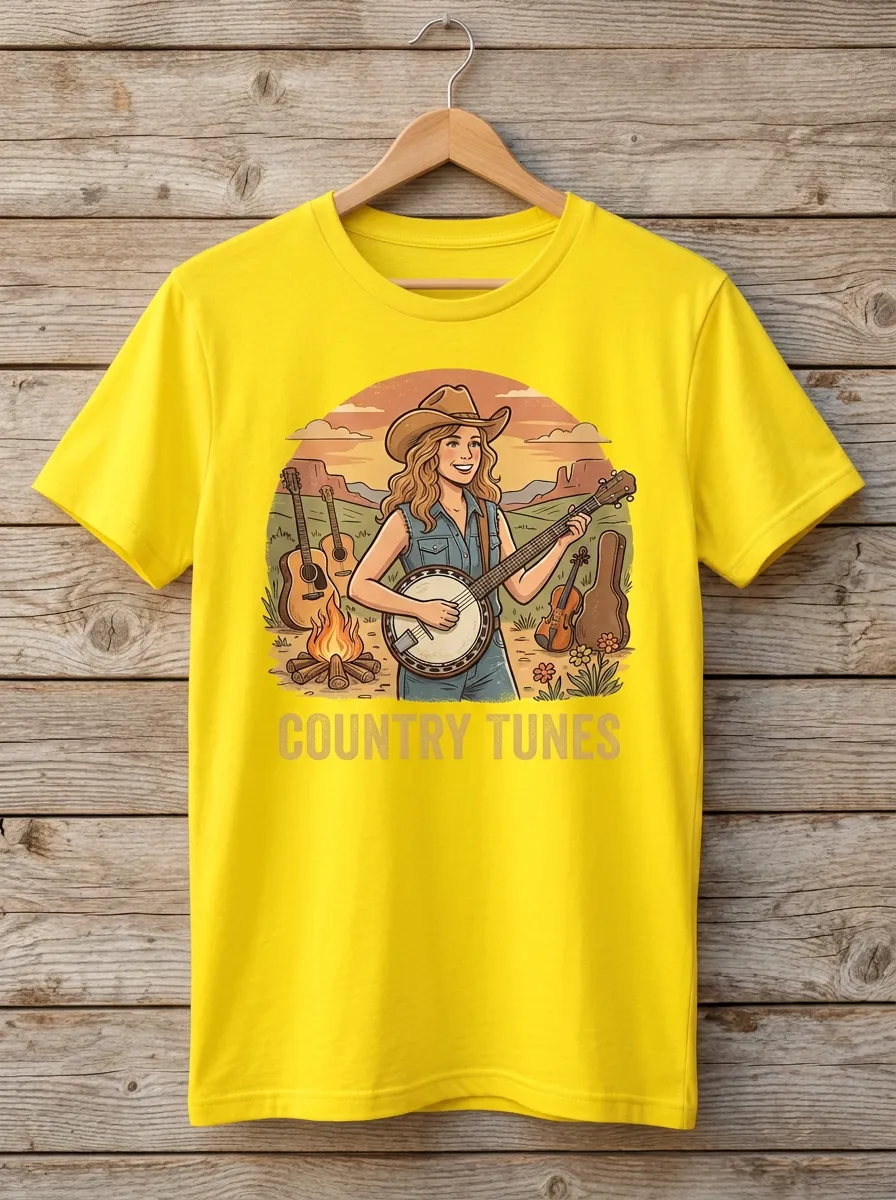 Backroad Country Music Banjo Cowgirl Crew Neck T-Shirt