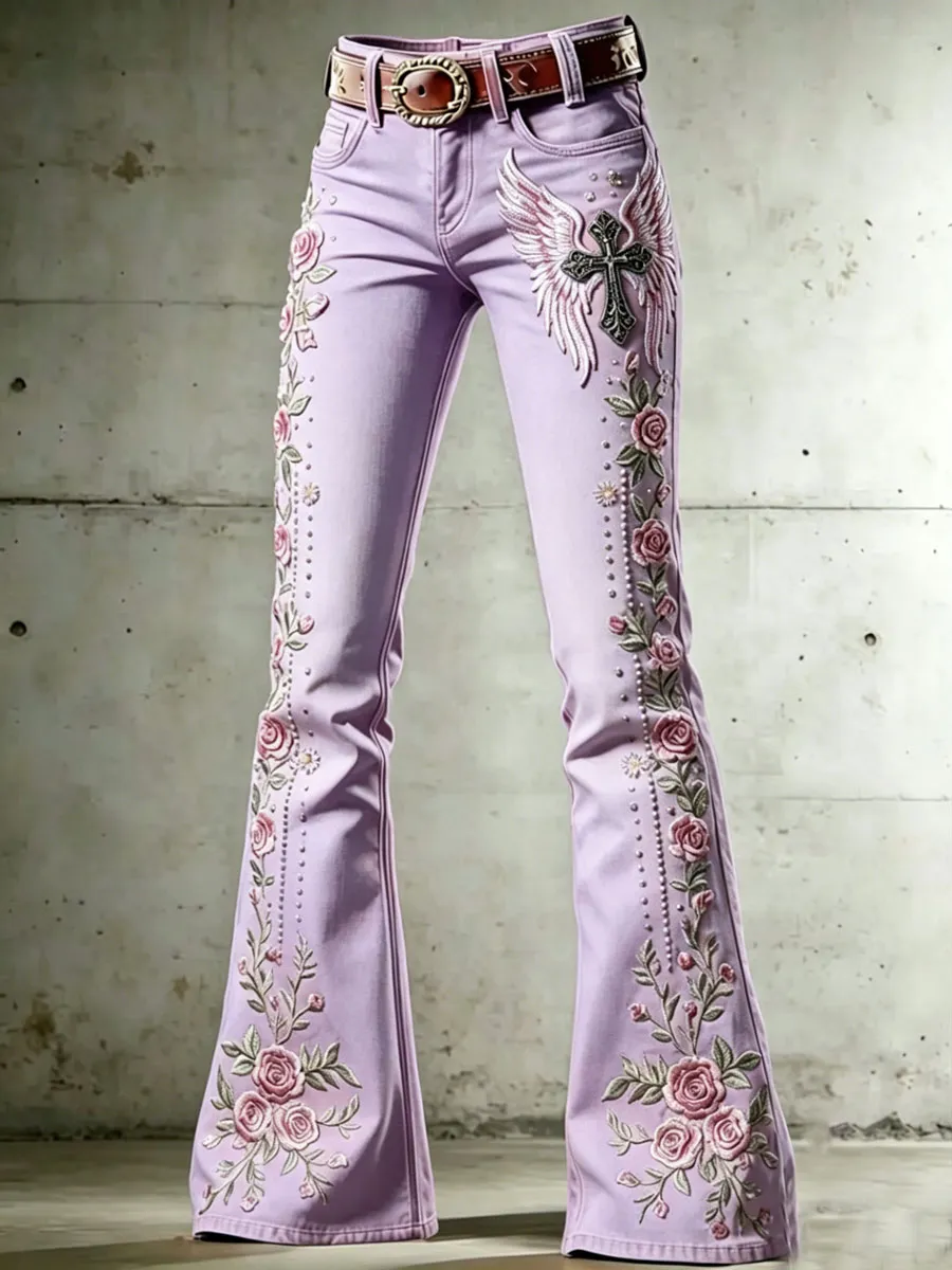 Ladies' Casual Trumpet Pants With Floral Wings And Cross Pattern