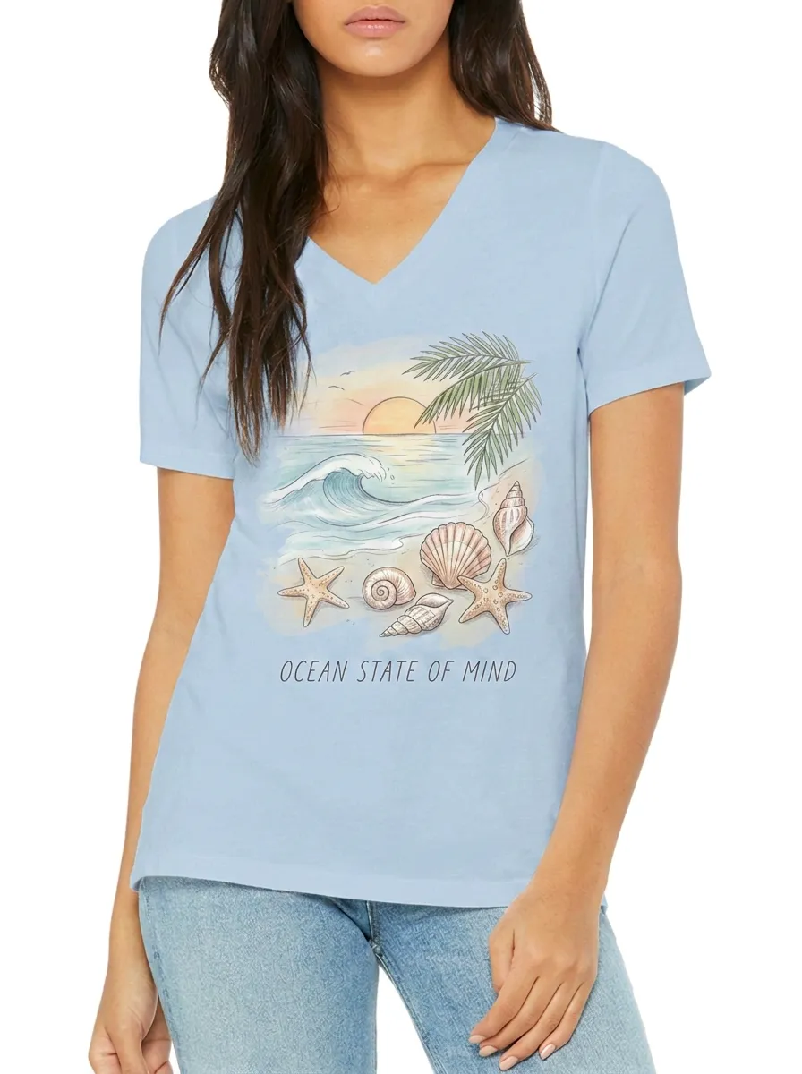 Women's Beach Lover Ocean State of Mind Seashells Printed V-neck T-shirt