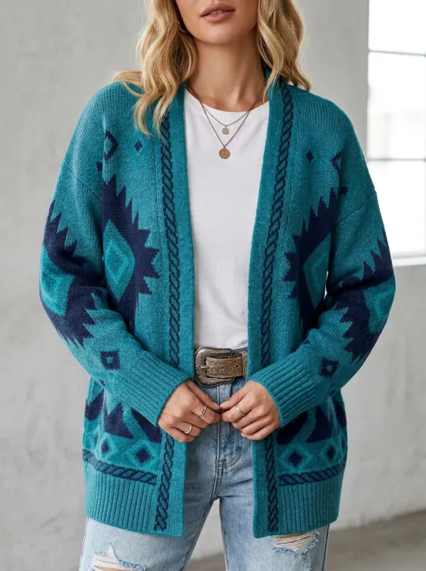 Women's Western Jacquard Knit Ribbed Geometric Drop-Shoulder Cardigan