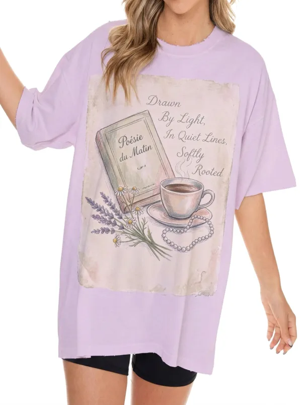 Women's Book Coffee Lavender Pearl Printed T-shirt