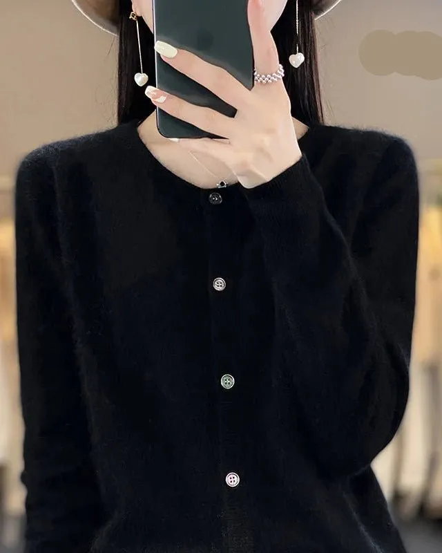Classic Mink-Cashmere Cashmere Button-Front Crew-Neck Cardigan