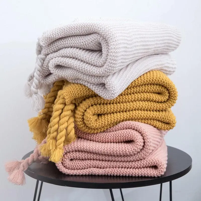 Tassel Waffle Knit Throw Blanket