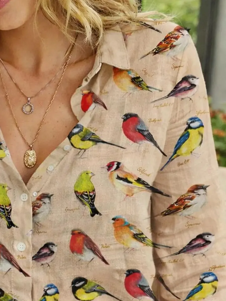 Vintage Bird Print Button-Up Shirt