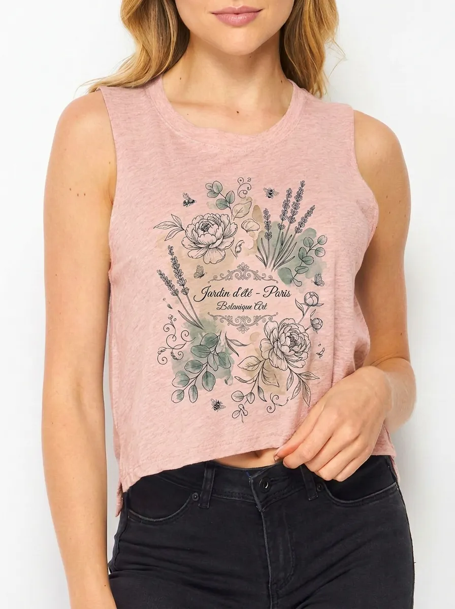 Women's Paris Garden Botanical Floral Printed Crop Tank Top
