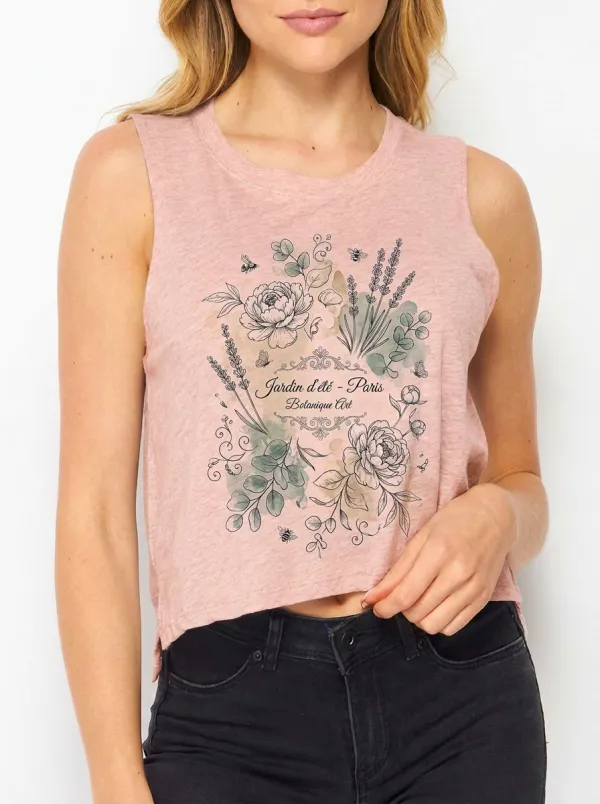 Women's Paris Garden Botanical Floral Printed Crop Tank Top