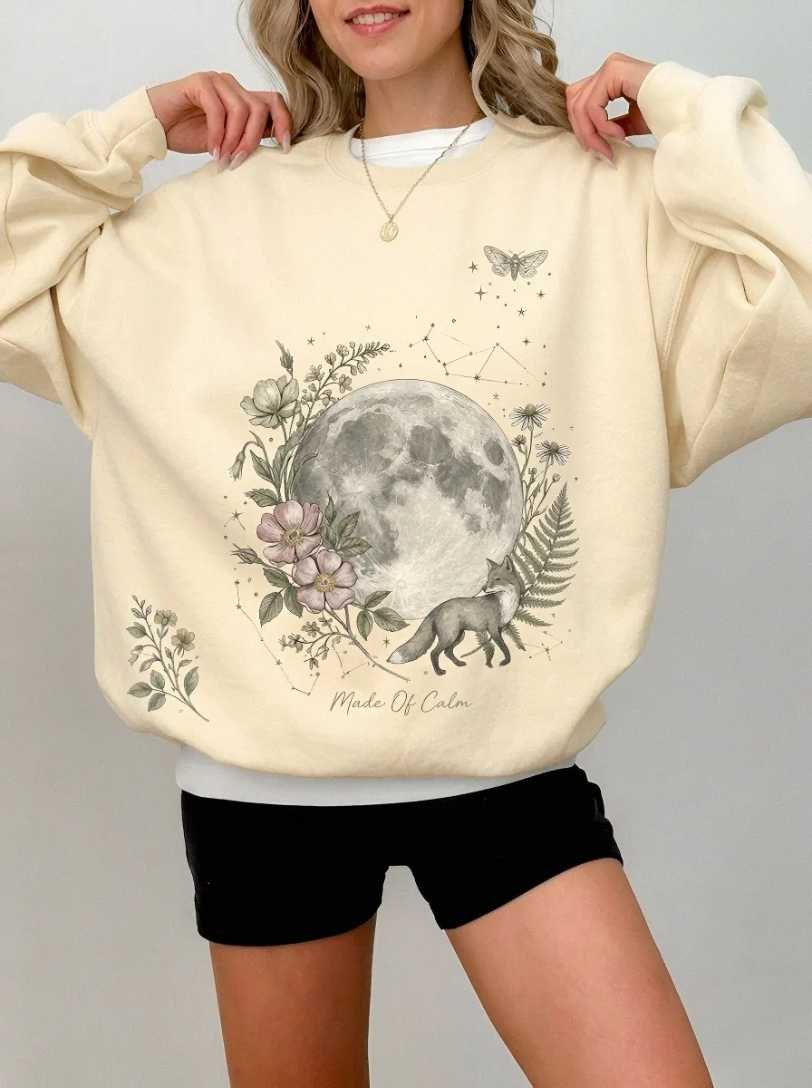 Women's Celestial Nature Lover Moon Fox Floral Printed Sweatshirt