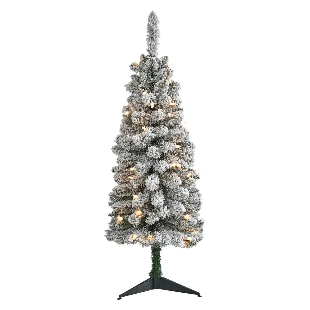 Flocked Pencil Artificial Christmas Tree with Clear Lights and Bendable Branches