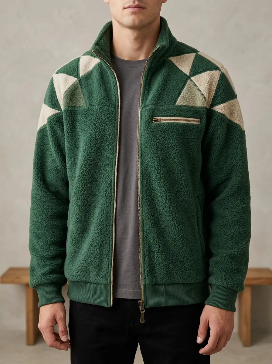 Geometric Patchwork Sherpa Fleece Jacket