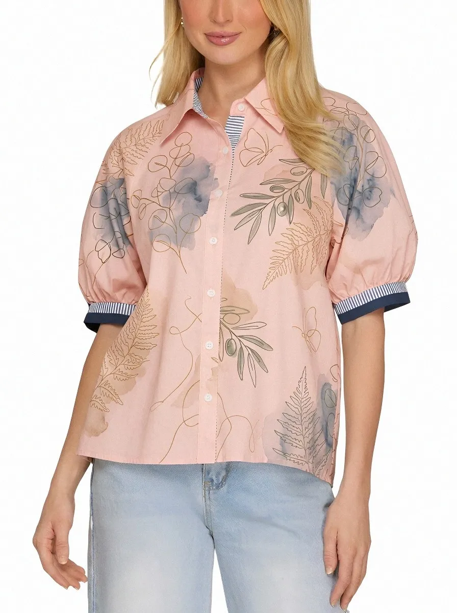 Women's Botanical Fern Olive Leaf Printed Puff Sleeve Shirt