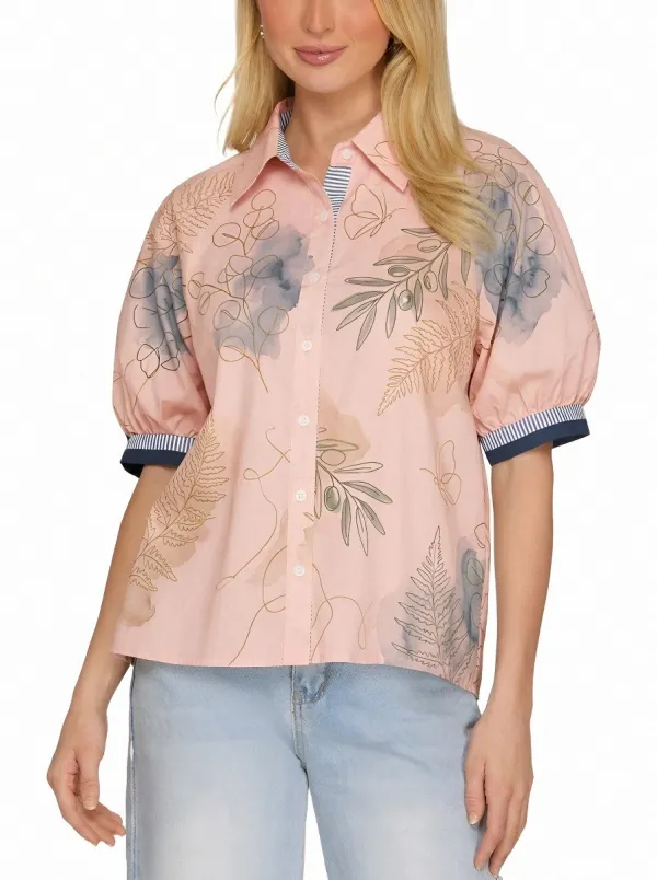 Women's Botanical Fern Olive Leaf Printed Puff Sleeve Shirt