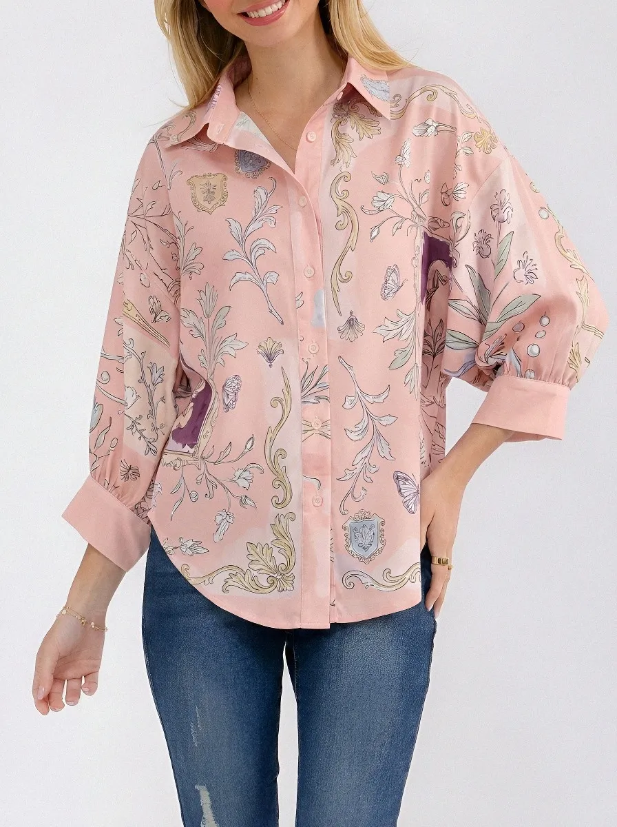 Women's Baroque Floral Butterfly Printed Button-up Shirt