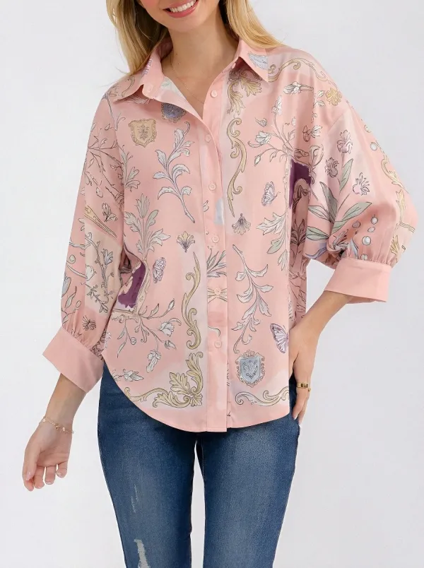 Women's Baroque Floral Butterfly Printed Button-up Shirt