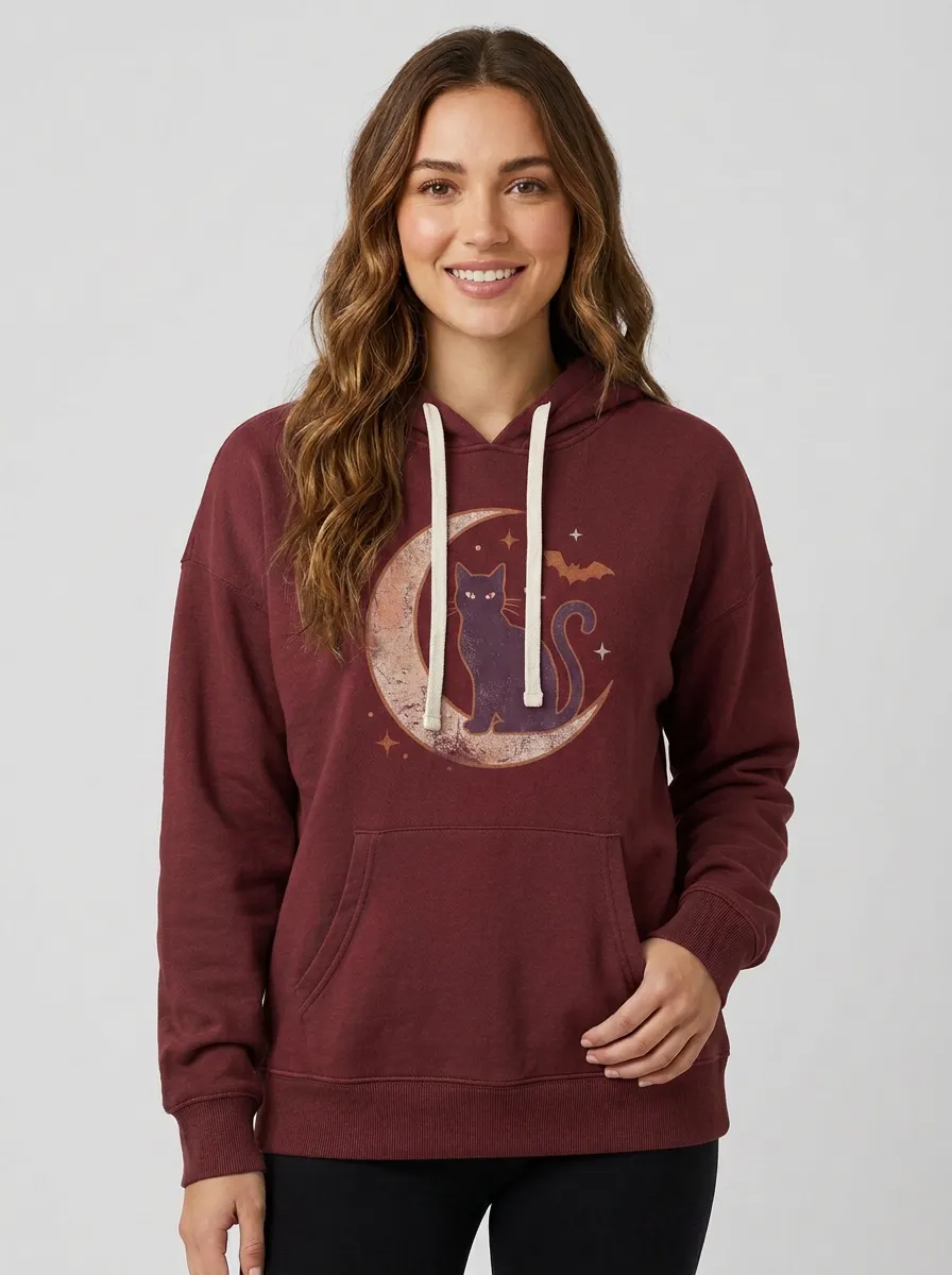 Women's Halloween Cat Moon Bat Printed Hoodie