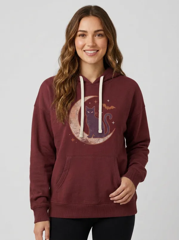 Women's Halloween Cat Moon Bat Printed Hoodie