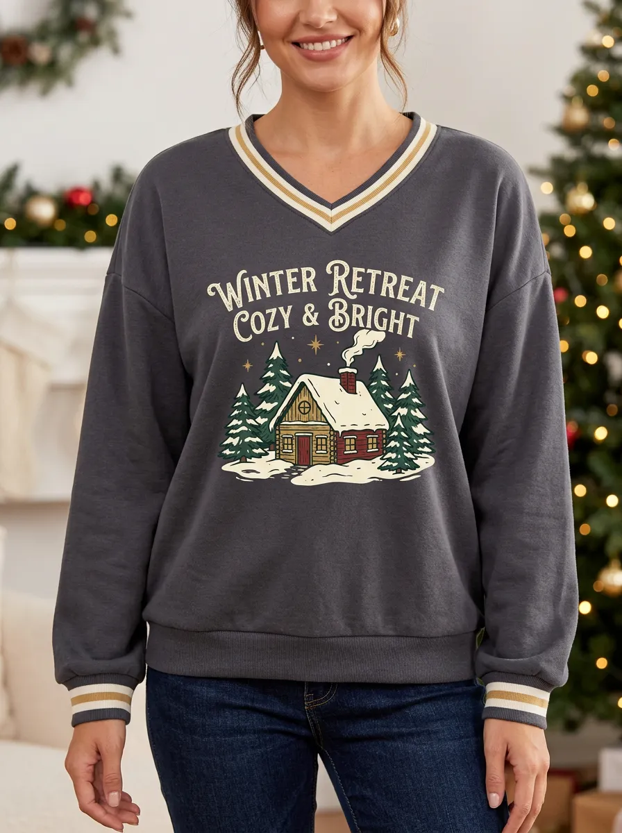 Christmas Winter Retreat Cabin Print Sweatshirt