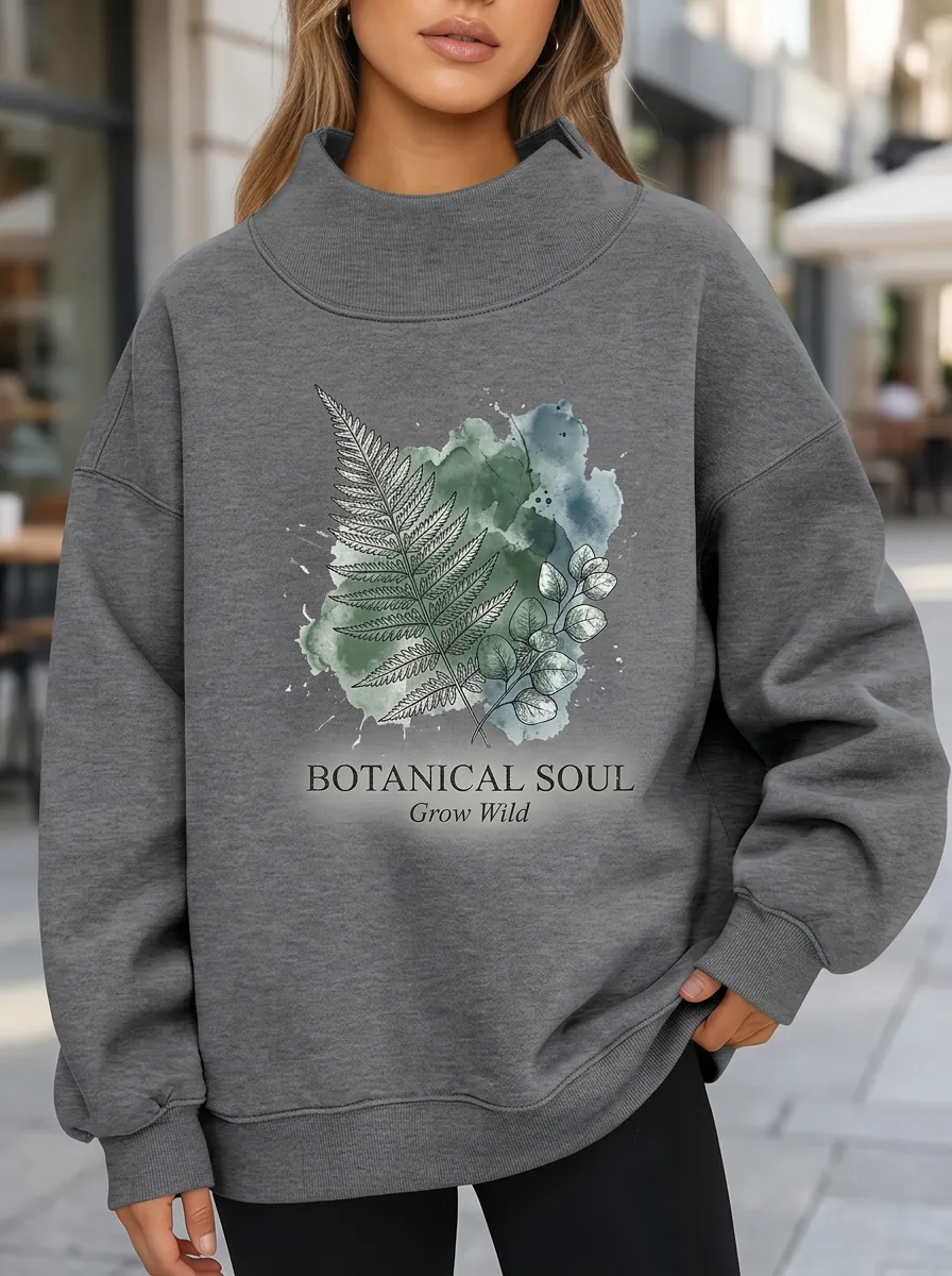 Botanical Soul Fern Watercolor Mock Neck Sweatshirt