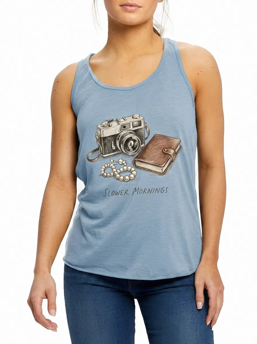 Women's Slower Mornings Camera Journal Pearl Printed Tank Top