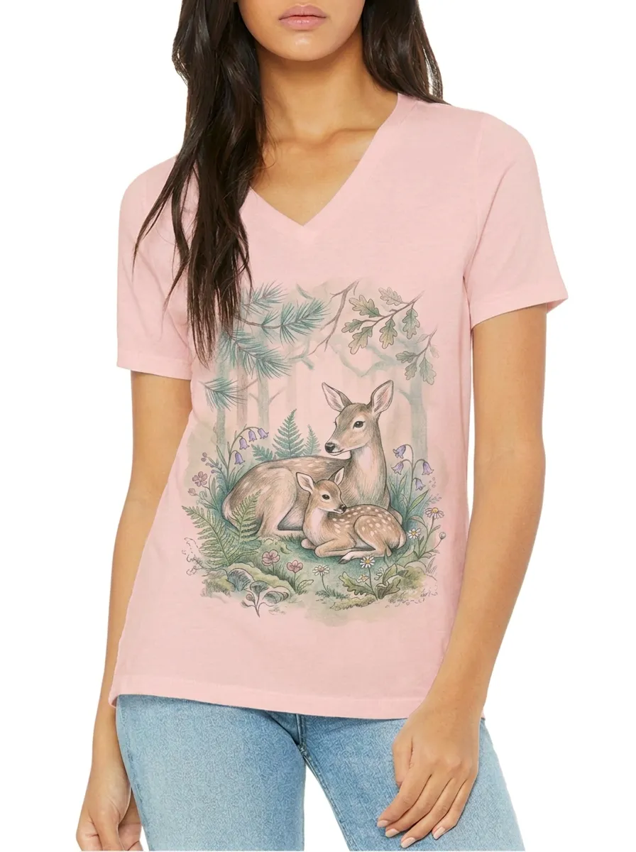 Women's Nature Lover Forest Deer Fawn Printed V-Neck T-Shirt