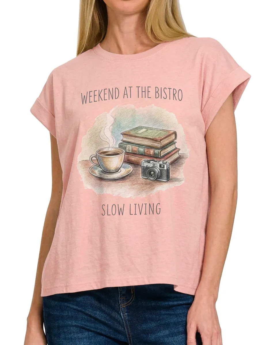 Women's Slow Living Coffee Book Camera Printed T-shirt
