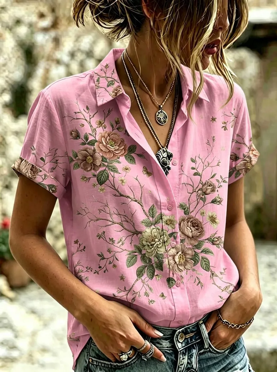 Women's Vintage Floral Botanical Printed Short Sleeve Shirt