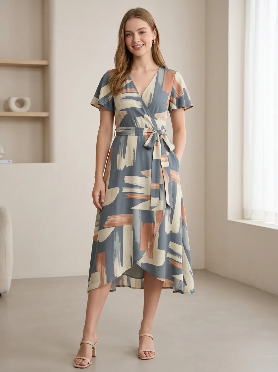 Women's Abstract Brushstroke Pattern Tie-waist Wrap Dress
