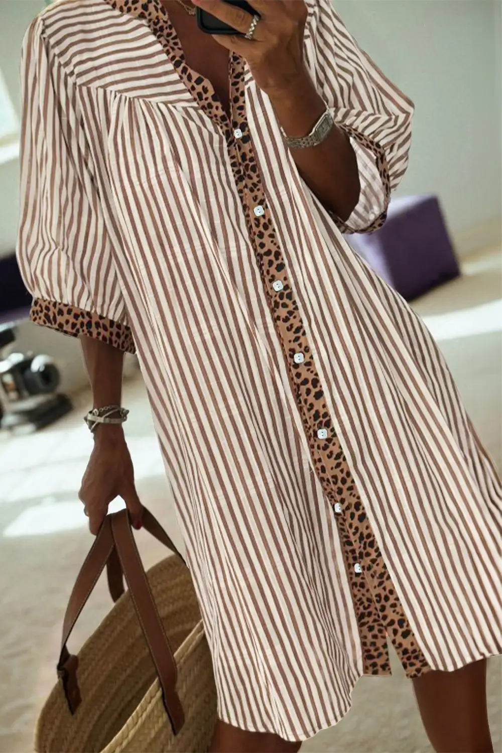 Comfort Focused Striped Animal Print Button Front Mini Dress
