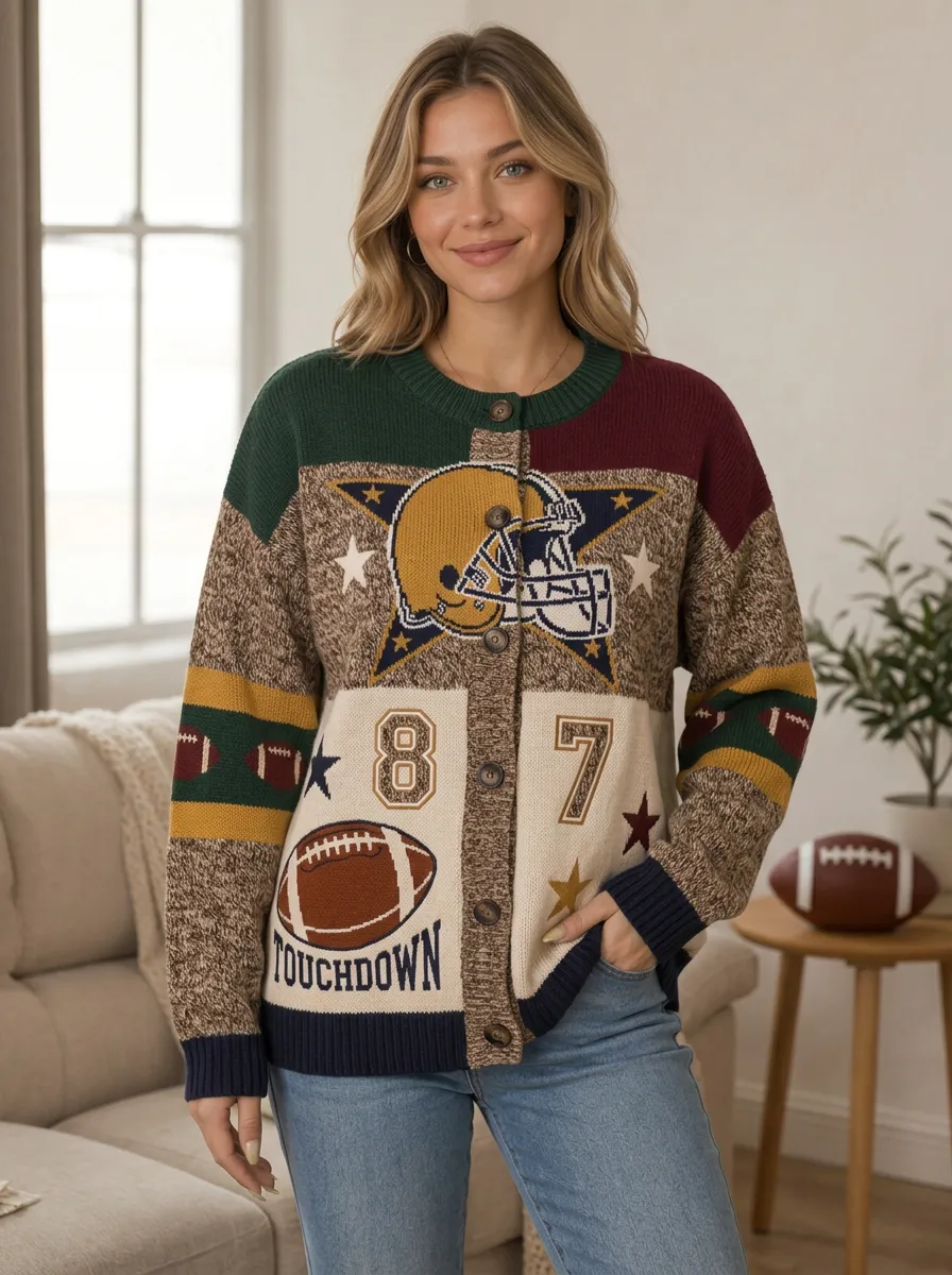 Women's Football Fan Helmet Star Number 87 Pattern Knitted Cardigan