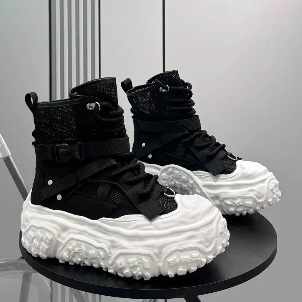 Mesh Strap Buckle Platform Sneaker Ankle Boots