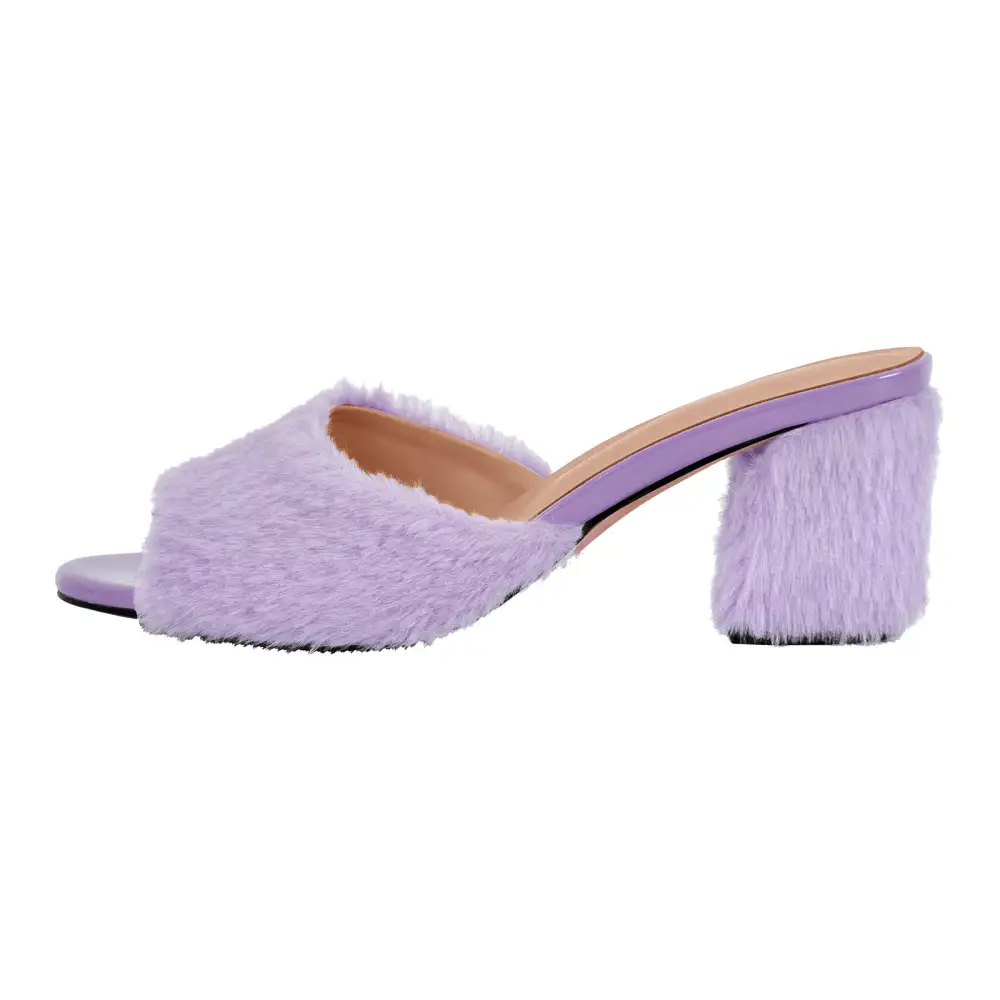 Round Toe Chunky Heel Fur Mule Sandals